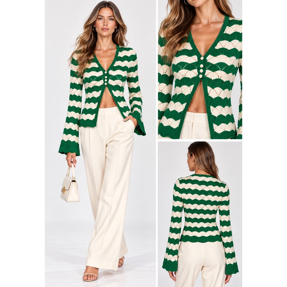 MISA Los Angeles Nelly Crochet Cardigan Sweater Green Chevron Bell Sleeves NWT M